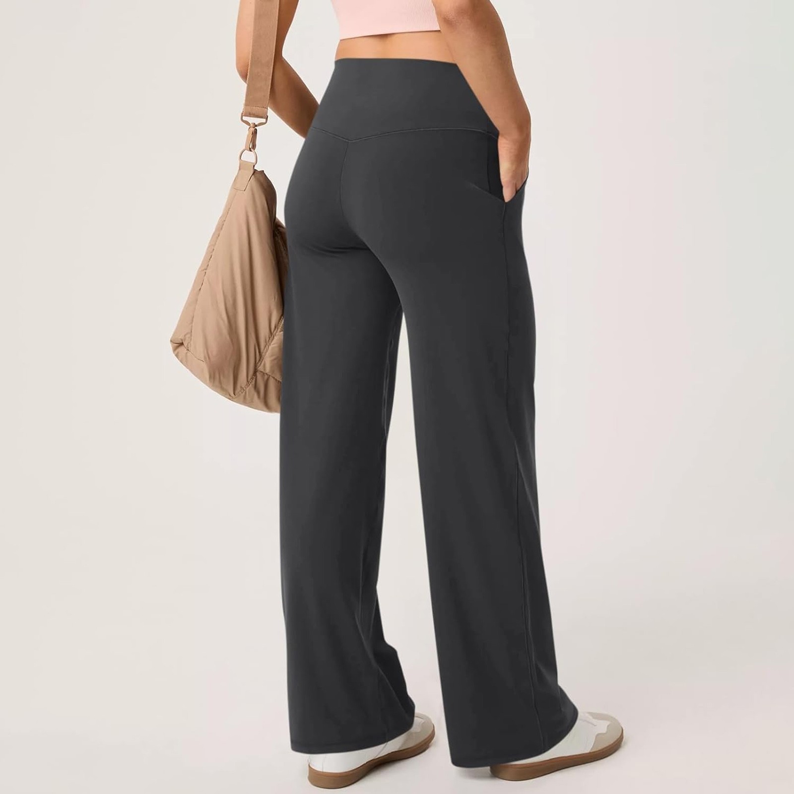 thumbnail image 4 of Pantalones de yoga anchos para mujer: cintura alta, bolsillos, tejido elástico, petite/regular/tall, tallas S-XXL para uso informal/deportivo., 4 of 7